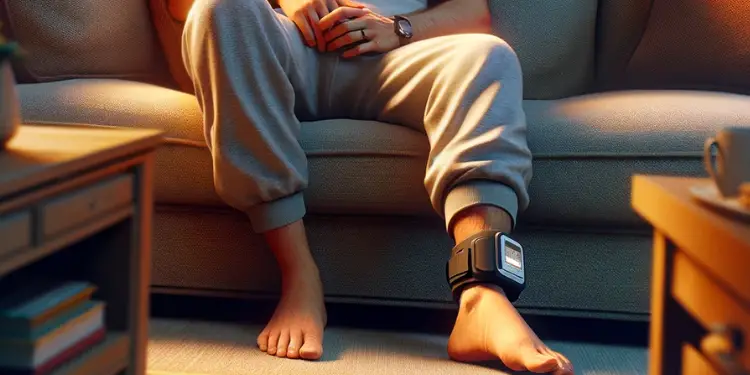 Man wearing Ankle monitor sitting on Sofa