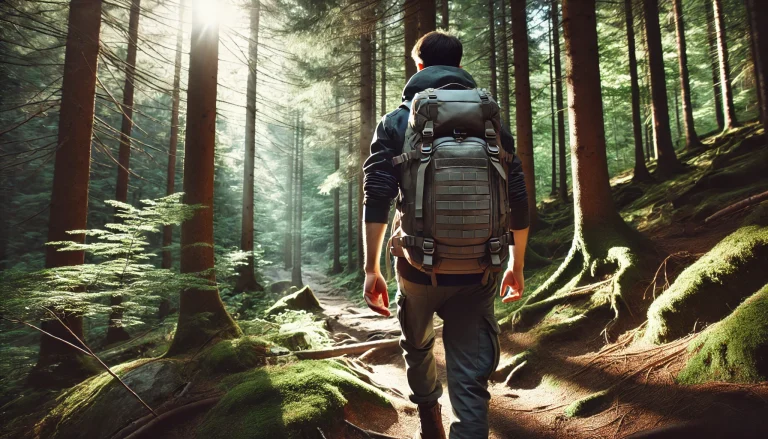 A man carries a closed backpack while strolling through a dense forest on a hiking trail. The background features vibrant greenery and sunlight filtering through the trees, illustrating how to carry a laptop while camping.