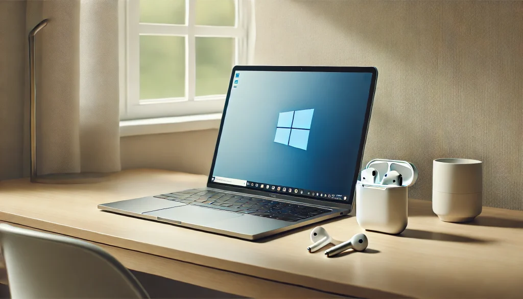 A single pair of AirPods lies next to a closed Windows laptop on a tidy, neutral desk. The scene highlights a sleek, organized workspace with a minimalist aesthetic.