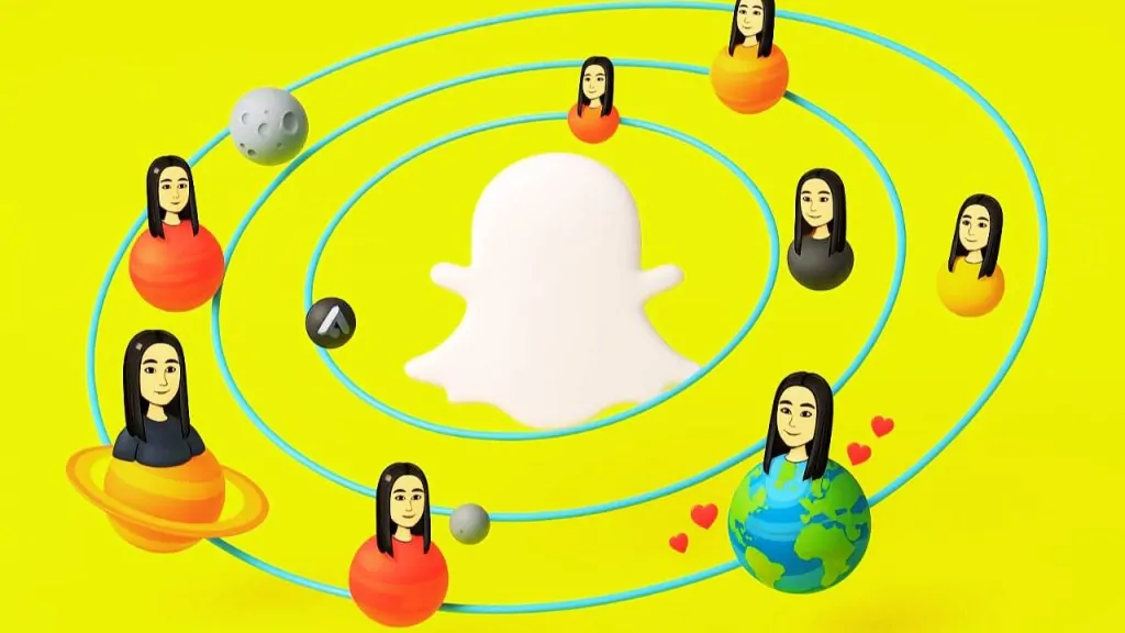 Snapchat avatars orbiting a white Snapchat logo like planets in a solar system on a yellow background.