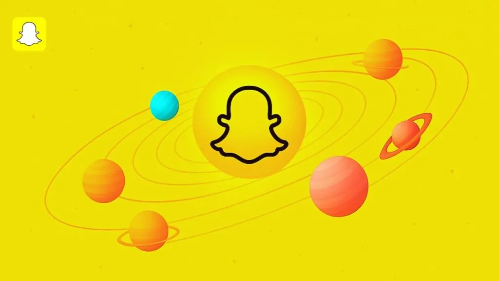 Snapchat logo as the sun in a colorful cartoon solar system on a yellow background.