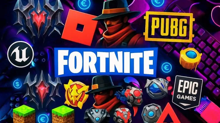 Fortnite skin with Roblox, PUBG, Minecraft, and Epic Games logos in gaming collage.