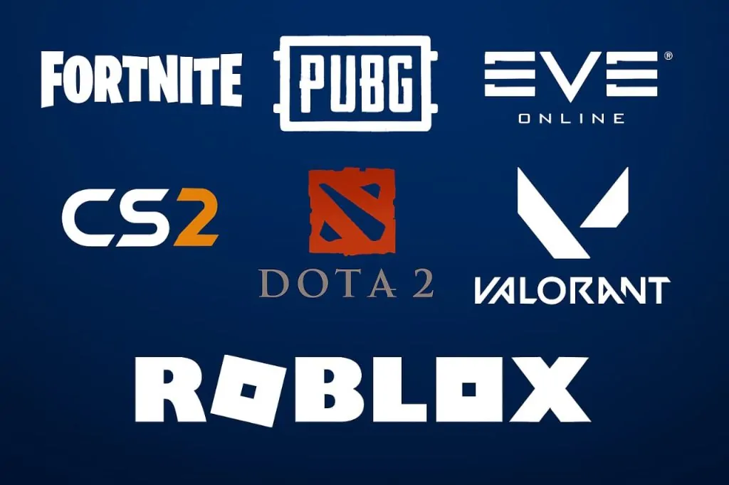 Logos of Fortnite, The Biggest In-Game Skin Economies PUBG, Roblox, Valorant, CS2, Dota 2, and EVE Online on a dark blue background, highlighting popular online games with skin economies.