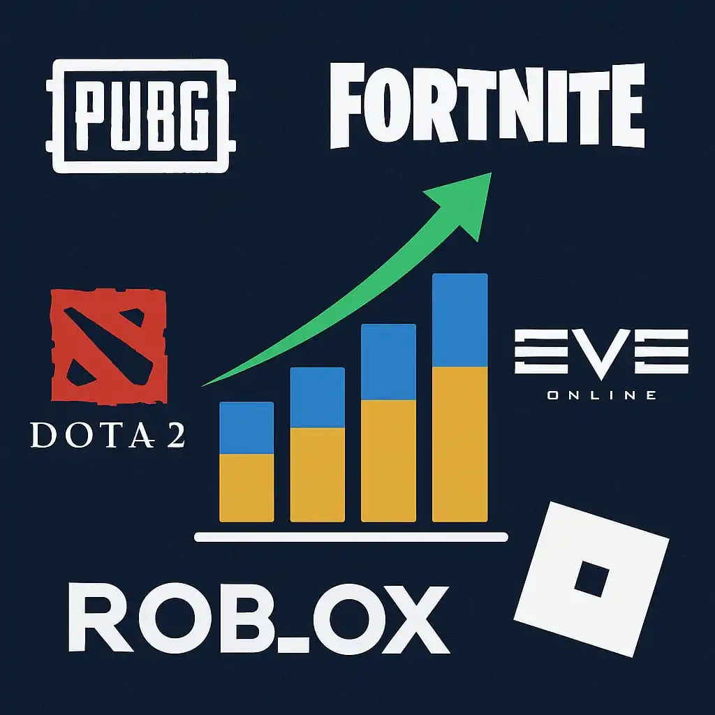 Bar graph with upward trend surrounded by logos of Fortnite, Roblox, PUBG, Dota 2, and EVE Online, representing growth in gaming skin economies.
