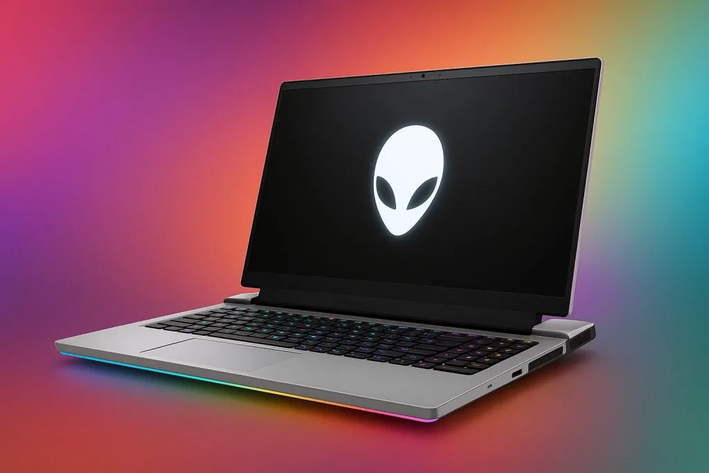 Alienware gaming laptop with a silver chassis and glowing alien head logo on the screen, shown at an angle against a colorful gradient background blending magenta, orange, teal, and green, with an RGB-lit keyboard and underglow lighting.