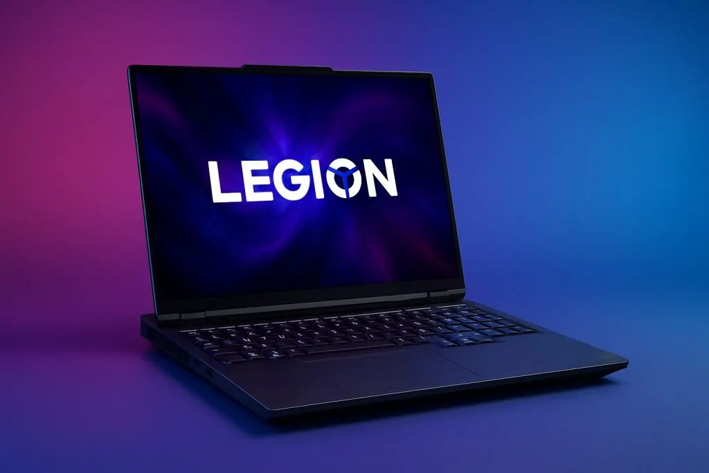 Lenovo Legion Pro 7i Gen 9 gaming laptop with RGB backlit keyboard displayed on a professional purple-blue gradient background