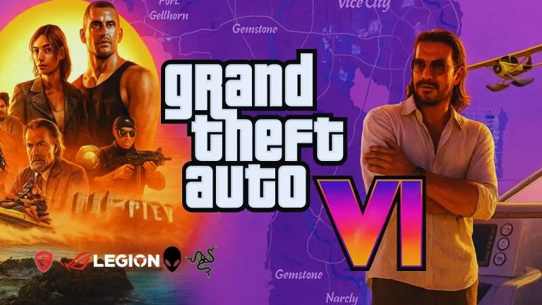 Official Grand Theft Auto VI thumbnail featuring main characters, Vice City map background, and vibrant neon logo with gaming brand logos including Legion, Alienware, Razer, MSI, and ASUS ROG – GTA 6 promotional art