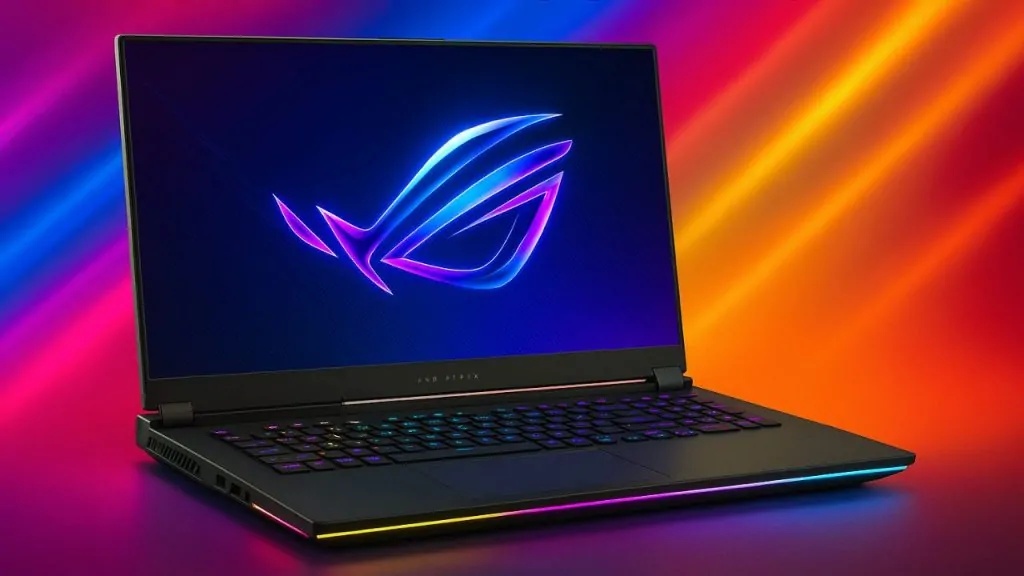 Best Laptops for GTA VI ASUS ROG Strix Scar gaming laptop with RGB lighting, displayed at an angle on a colorful gradient background of pink, blue, orange, and yellow light streaks, with the glowing ROG logo on the screen.