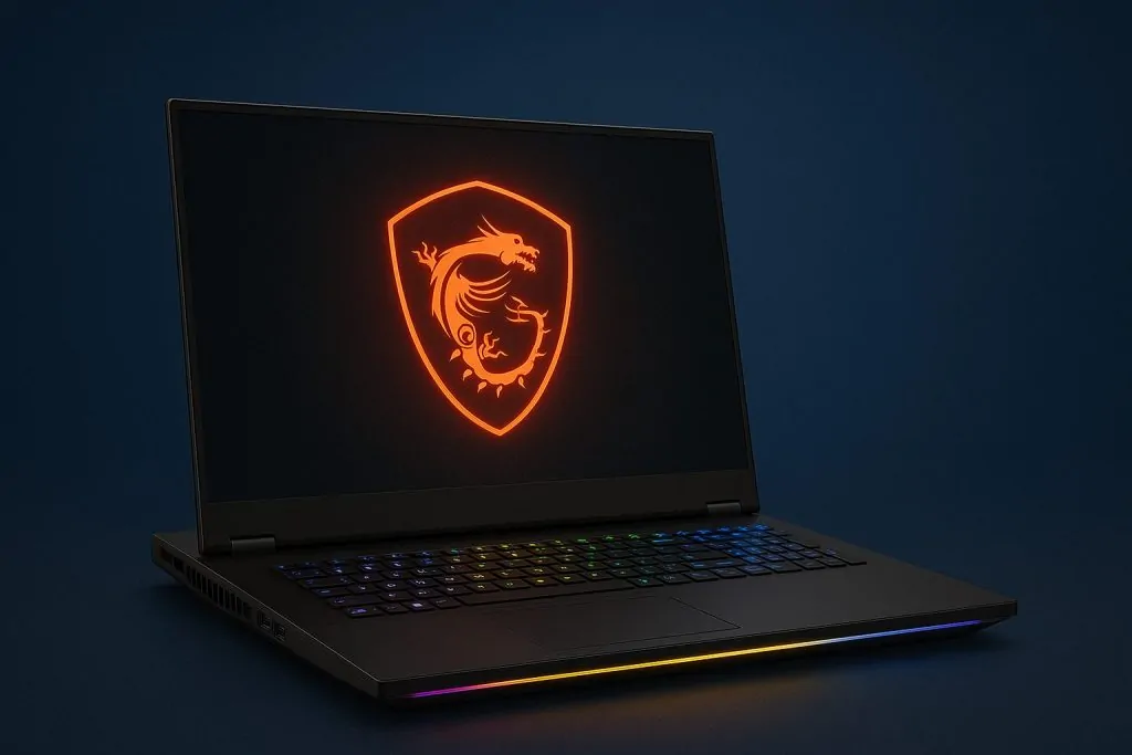 "MSI gaming laptop with a glowing orange dragon logo on the screen and RGB-backlit keyboard, displayed at an angle on a clean, dark blue background with soft lighting."